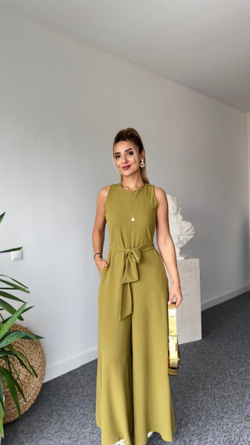 Carta Belted Olive Wide Leg Jumpsuit