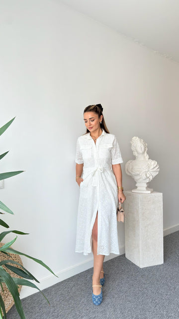 White Ribbed Belted Scalloped Dress