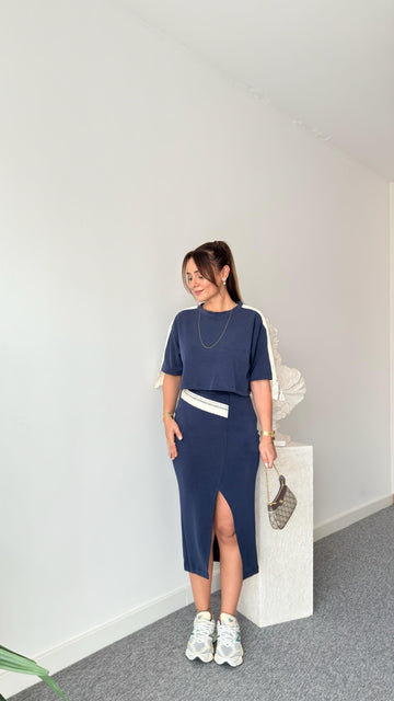 Navy Blue Chima Stripe Detailed Modal Skirt Suit