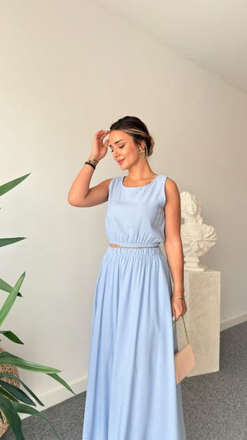 Blue Linen Skirt Crop Suit