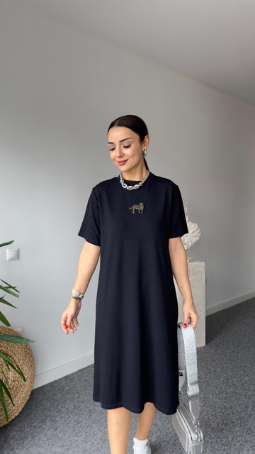 Black Tiger Embroidered Basic Dress