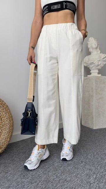 Gily Elastic Waist Beige Linen Trousers