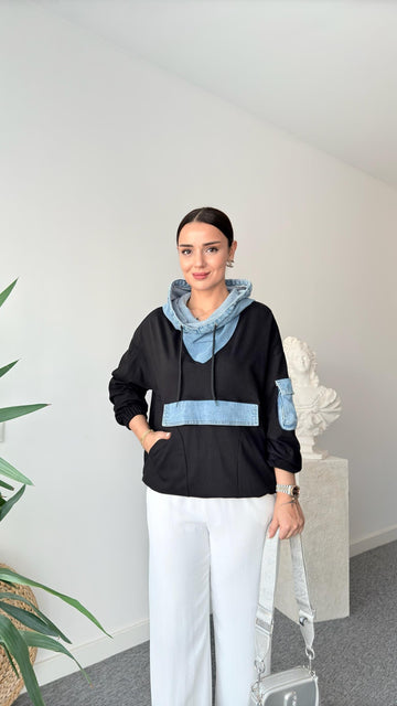 Denim Hood Detail Pocket Sweatshirt