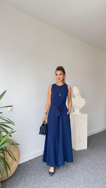 Carta Belted Navy Blue Wide Leg Jumpsuit