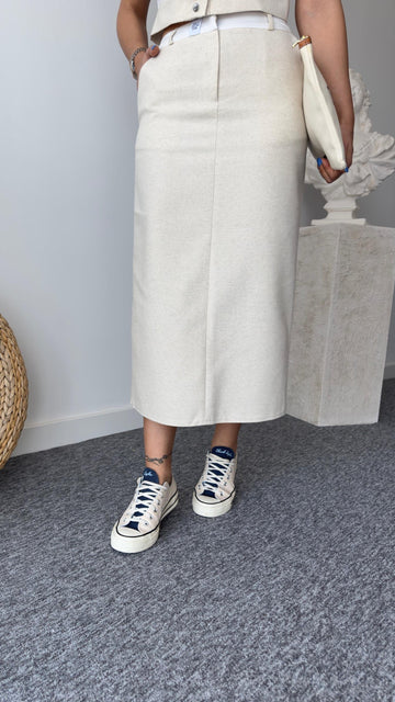 Linen Skirt with Poly Waist Detail and Back Slit