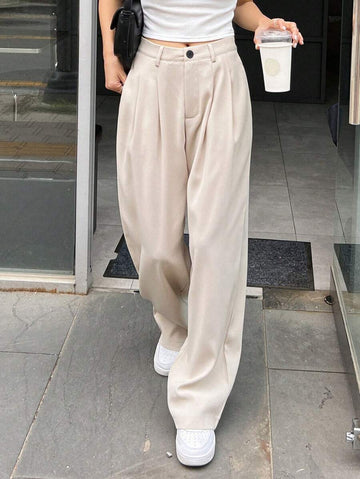 Lycrox women's solid color pleated straight leg business casual pants - Beige
