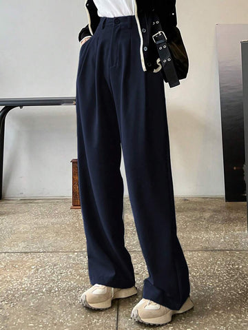 Lycrox Women's Solid Color Pleated Straight Leg Business Casual Pants - Navy Blue