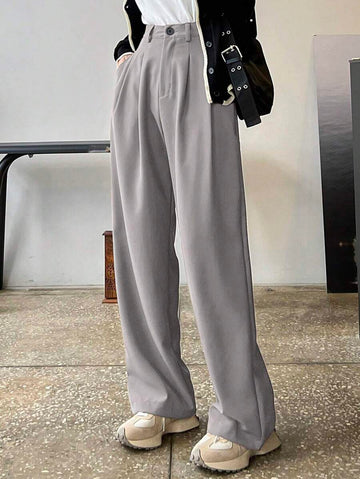 Lycrox Women's Solid Color Pleated Straight Leg Business Casual Pants - Grey