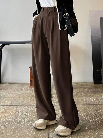 Lycrox Women's Solid Color Pleated Straight Leg Business Casual Pants - Brown