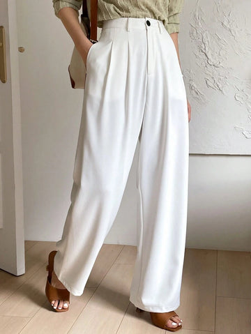 Lycrox Women's Solid Color Pleated Straight Leg Business Casual Pant - White