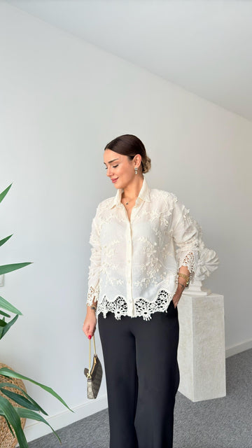 Beige Shirt with Henna Embroidery Detail