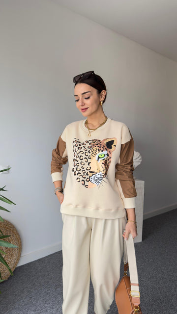 Beige Sweatshirt with Tiger Print Parachute Garnish