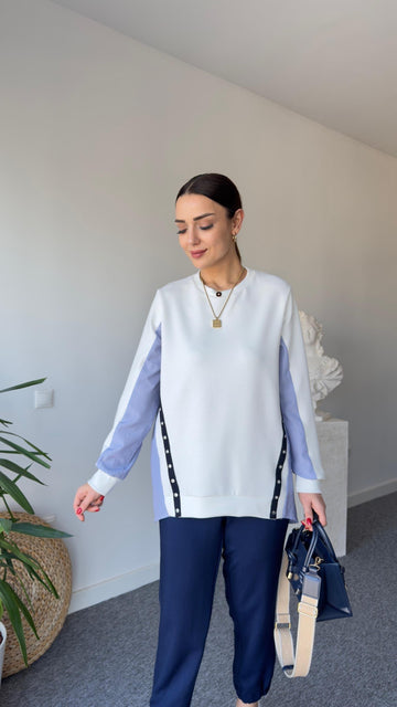 White Modal Sweater with Buttoned Back Poplin Detail