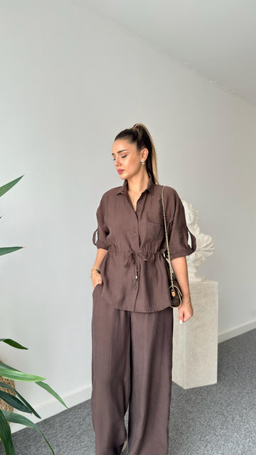 Brown Breva Waist Pleated Tencel Suit