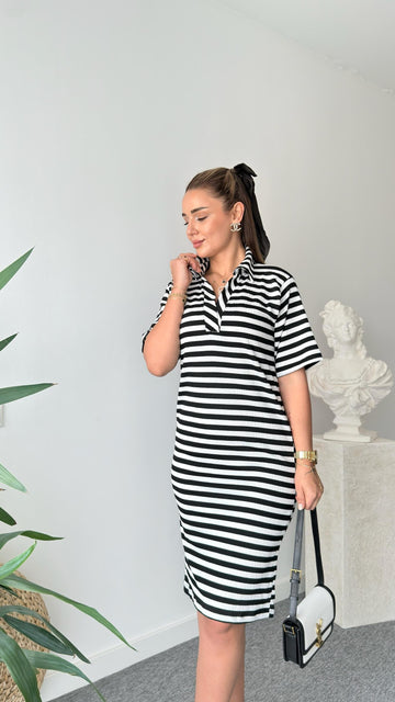 Polo Collar Striped Basic Dress