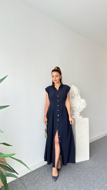 Navy Blue Jene Button-Down Pleated Dress