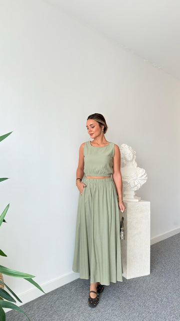 Mint Linen Skirt Crop Suit