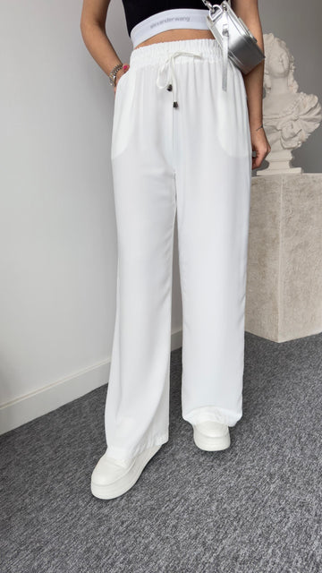 Carla Elastic Waist White Palazzo Trousers