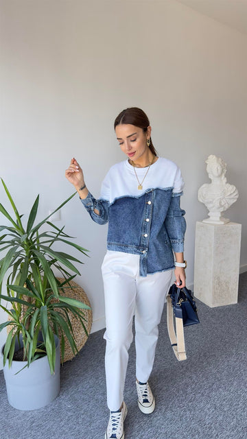 Asymmetrical Denim Detail White Sweat