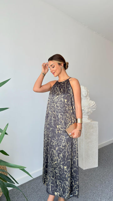 Satin Halter Neck Leopard Print Dress