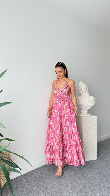 Pink Ethnic Pattern Satin Premium Dress
