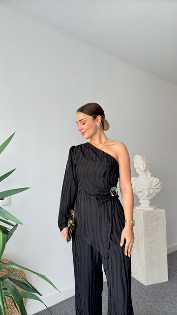 Black Usez One Shoulder Blouse Trouser Set
