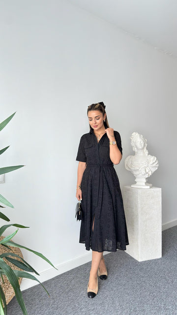 Black Ripper Belted Scalloped Dress