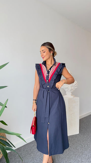 Navy Blue Grove Ruffle Poplin Dress