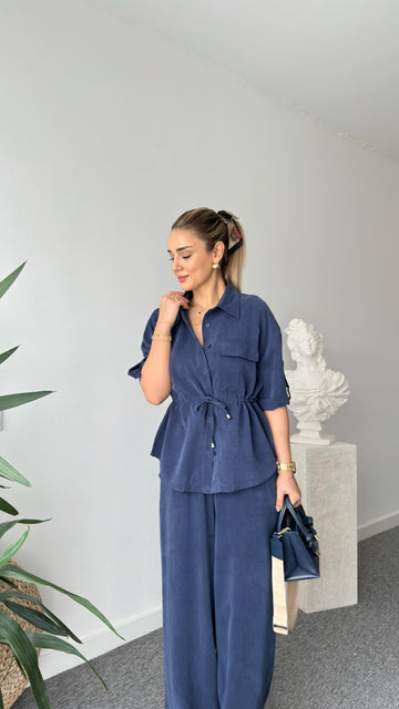 Navy Blue Neva Waist Pleated Tencel Suit