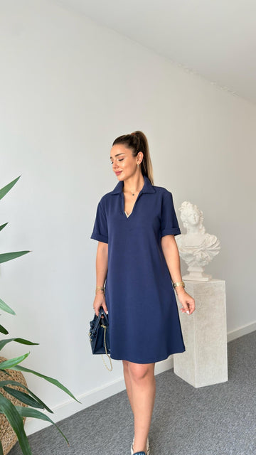 Navy Blue Rifa Modal Dress with Gold Accessories