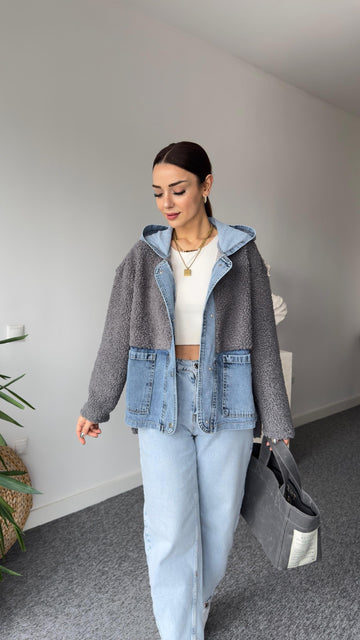 Anthracite Teddy Jacket with Denim Details