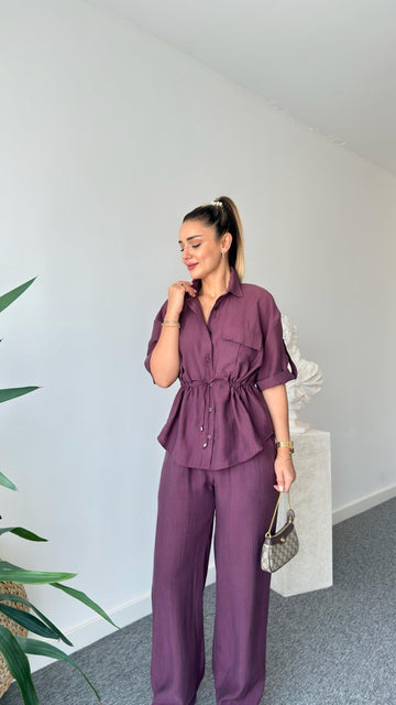 Neva Pleated Waist Tencel Suit in Damson