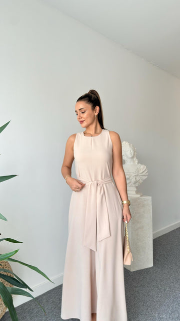 Carta Belted Beige Wide Leg Jumpsuit
