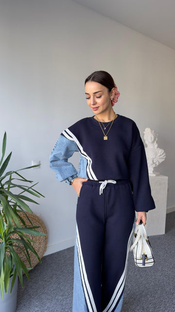 Liyz Striped Denim Detail Navy Tracksuit