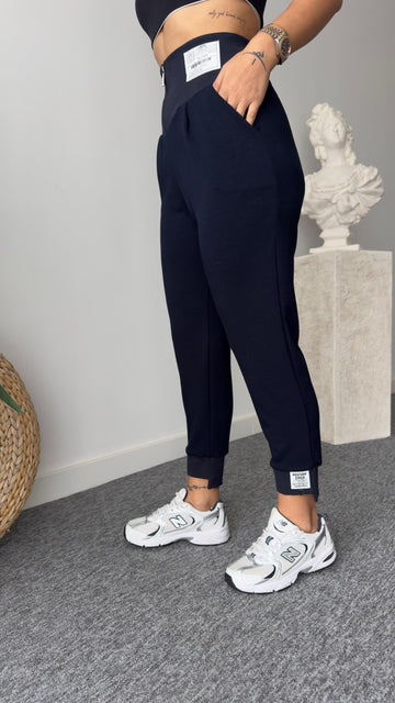 Modal Navy Blue Sweatpants with Corset Detail Label