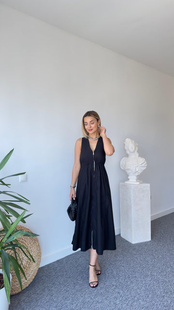Zra Full Length Zippered Black Dress