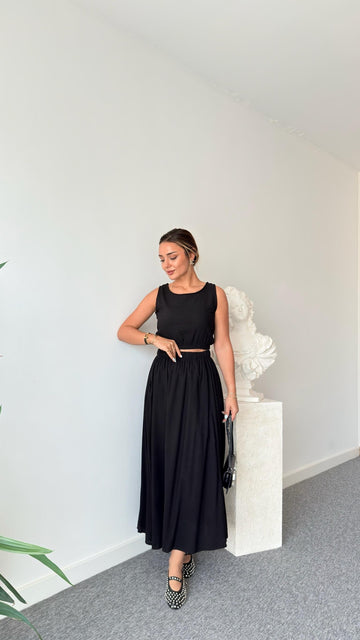 Black Linen Skirt Crop Suit