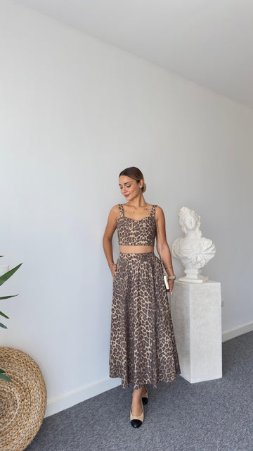 Leopard Patterned Crop Suit with Skirt