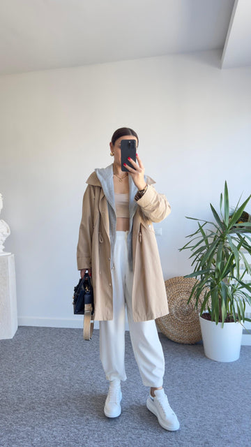 Beige Trench Coat with Gray Hood Detail