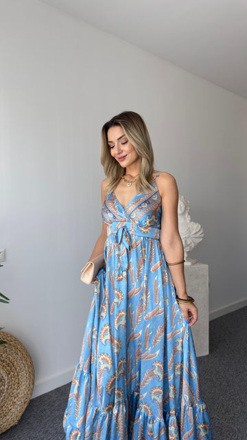 Blue Ethnic Pattern Satin Premium Dress
