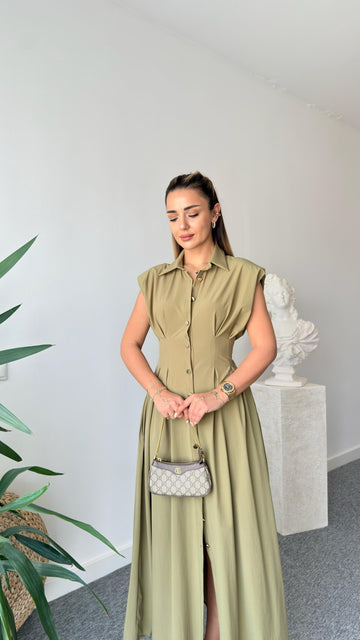 Jene Button-Down Pleated Khaki Dress