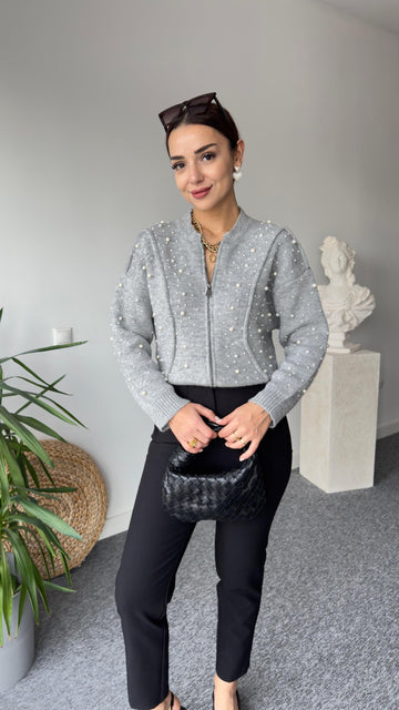 Zra Model Pearled Gray Knitwear Cardigan