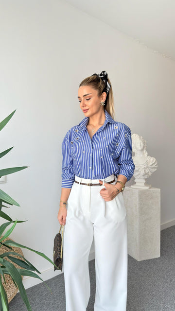 Peroni Pearl and Stone Embroidered Striped Shirt