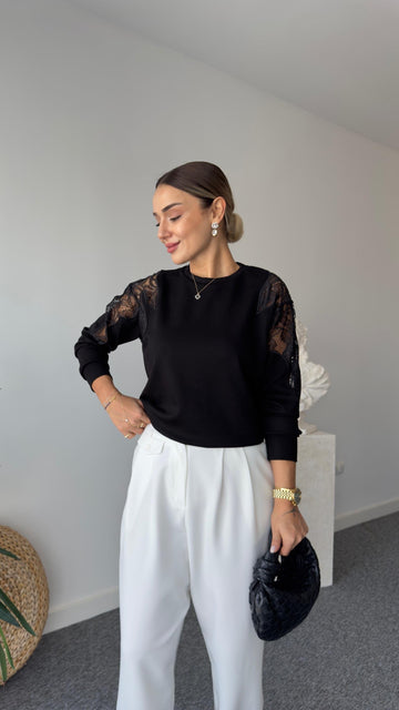 Laser Guipure Embroidered Black Modal Sweater