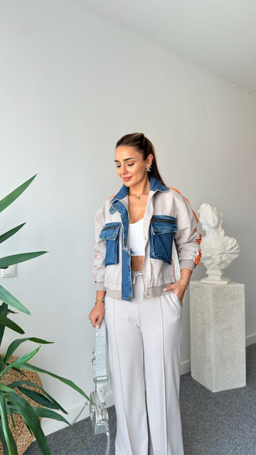 Beige Patrick Denim Garnished Striped Jacket