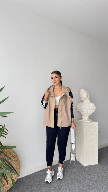 Geof Striped Sleeve Hooded Beige Jacket