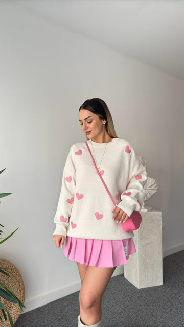 Pink Heart Embroidered Ecru Sweater