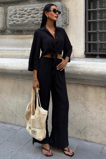 Ayrobin Suit with Tied Shirt and Slit Trousers Black