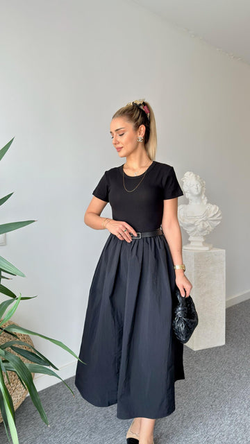 Belted Parachute Black Basic Dress