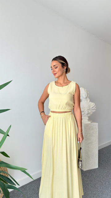 Yellow Linen Skirt Crop Suit